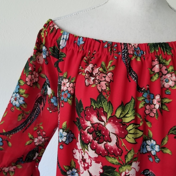 City Streets Red Floral Parrot Tropical Bell Dress - Picture 3 of 6